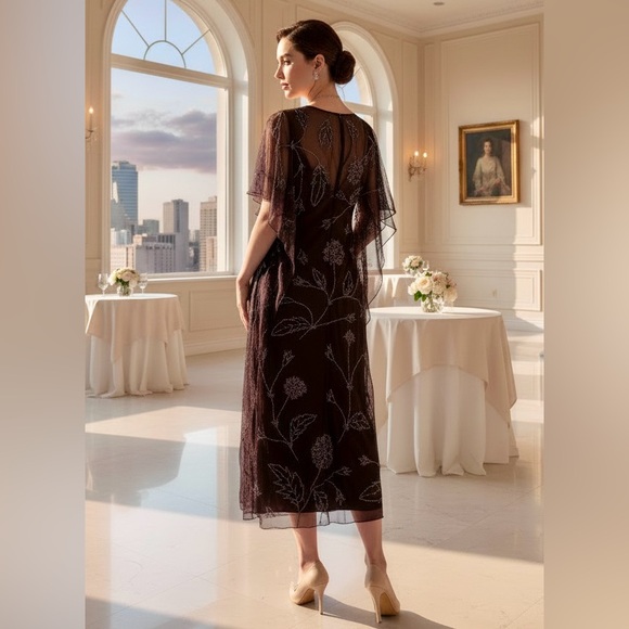 Elegant hand beaded‎ Brown Sheer Floral midi Dress - Picture 4 of 6